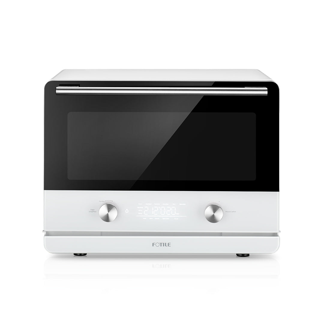 A sleek, modern Combi Steam Oven featuring a black glass front and digital display with touch buttons and two dials. The unit has a white exterior, embodying the multifunctional capabilities of the ChefCubii series. The brand name