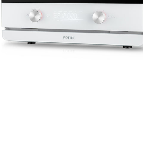 Primer plano de un moderno aparato de cocina con la etiqueta "FOTILE" en la parte inferior central. Este horno multifunción de sobremesa, conocido como Combi Steam Oven, presenta un elegante diseño blanco con pantalla digital, dos mandos redondos a cada lado y una estética minimalista en general. Primer plano de un moderno aparato de cocina con la etiqueta "FOTILE" en la parte inferior central. Este horno multifunción de sobremesa, conocido como Combi Steam Oven, presenta un elegante diseño blanco con pantalla digital, dos mandos redondos a cada lado y una estética minimalista en general.