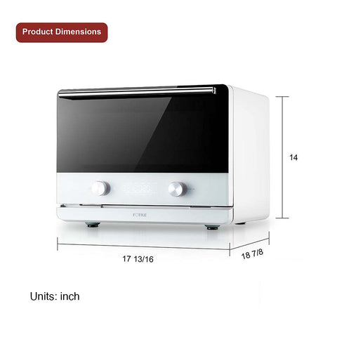 Un moderno electrodoméstico de cocina blanco con mandos metálicos en la parte delantera, el Horno de Vapor Combi FOTILE mide 17 13/16 pulgadas de ancho, 14 pulgadas de alto y 18 7/8 pulgadas de profundidad. Una etiqueta roja en la esquina superior izquierda dice "Dimensiones del producto. Un moderno electrodoméstico de cocina blanco con mandos metálicos en la parte delantera, el Horno de Vapor Combi FOTILE mide 17 13/16 pulgadas de ancho, 14 pulgadas de alto y 18 7/8 pulgadas de profundidad. Una etiqueta roja en la esquina superior izquierda dice "Dimensiones del producto.