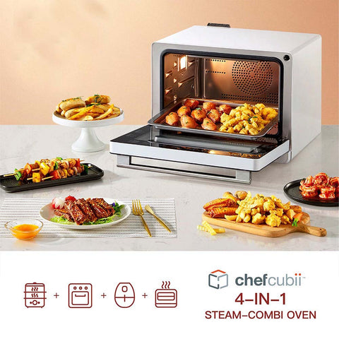 Un Horno de Vapor Combi FOTILE con platos de comida a su alrededor. La puerta del horno está abierta, dejando ver los muslos cocinados en su interior. Alrededor del horno hay varios platos, como patatas fritas, verduras y marisco. El texto "FOTILE Combi Steam Oven" aparece en un lugar destacado. Un Horno de Vapor Combi FOTILE con platos de comida a su alrededor. La puerta del horno está abierta, dejando ver los muslos cocinados en su interior. Alrededor del horno hay varios platos, como patatas fritas, verduras y marisco. El texto "FOTILE Combi Steam Oven" aparece en un lugar destacado.
