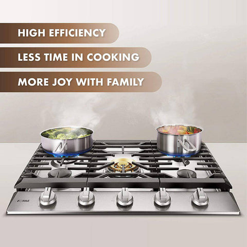 FOTILE GLS30501 Tri-Ring Gas Cooktop Cooking Two Pots of Steaming Vegetables