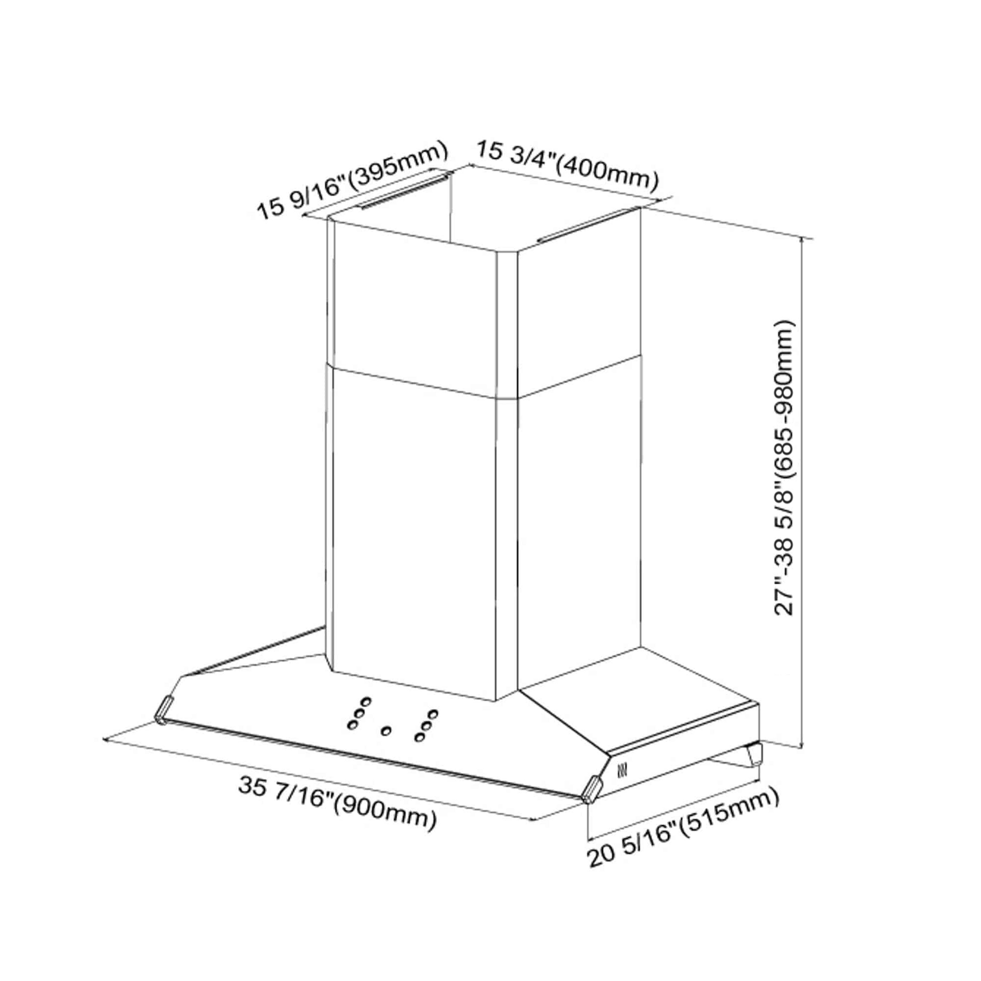 FOTILE 36'' 壁挂式抽油烟机 1100CFM | EMG9030 的技术图纸，属于周边通风口系列，标有尺寸。宽度为 35 7/16 英寸（900 毫米），深度为 20 5/16 英寸（515 毫米），高度可在 27 3/16 - 38 5/8 英寸（695 - 980 毫米）之间调节，烟囱深度为