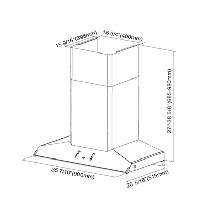 FOTILE 36'' 壁挂式抽油烟机 1100CFM | EMG9030 的技术图纸，属于周边通风口系列，标有尺寸。宽度为 35 7/16 英寸（900 毫米），深度为 20 5/16 英寸（515 毫米），高度可在 27 3/16 - 38 5/8 英寸（695 - 980 毫米）之间调节，烟囱深度为