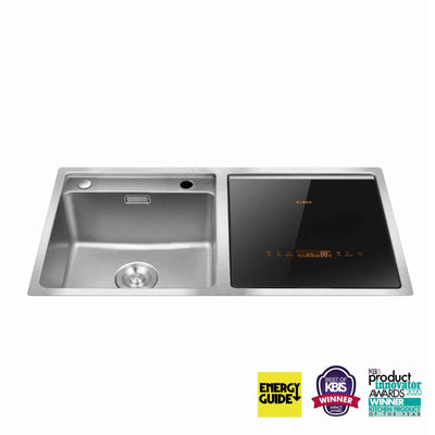 Image of a FOTILE SD2F-P3 2in1 In-Sink Dishwasher, now available at Lowe's, with an adjacent black induction cooktop. The sink features a single basin and a drain on the left side. To the right, there is an induction cooktop with touch controls embedded in an ergonomic countertop design. Awards are displayed in the lower right corner.