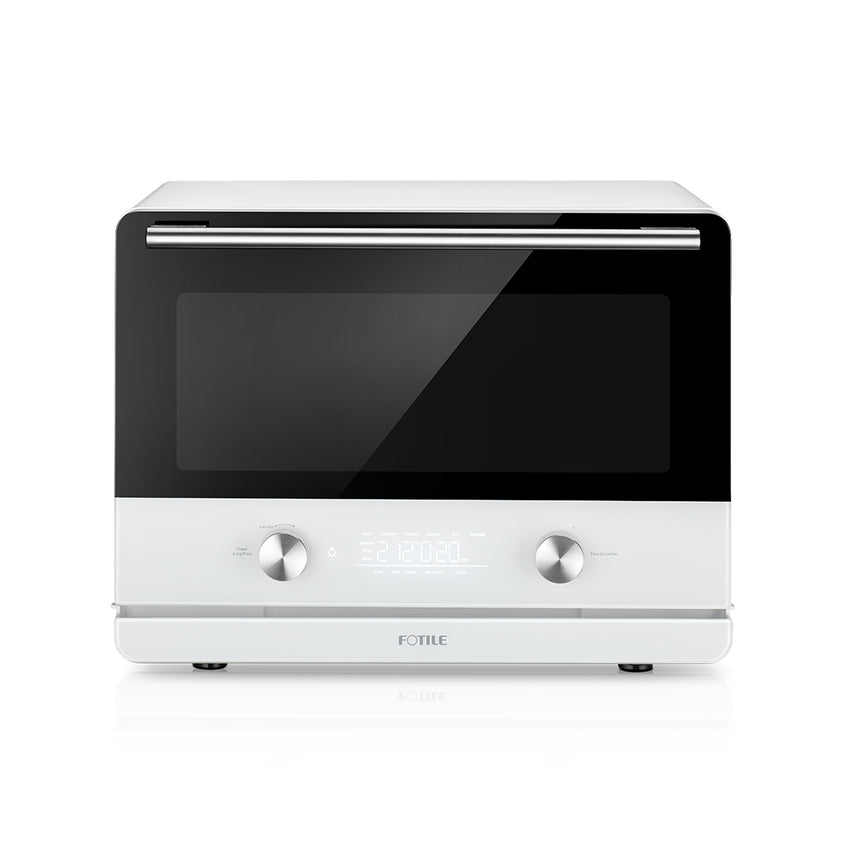 A sleek, modern Combi Steam Oven featuring a black glass front and digital display with touch buttons and two dials. The unit has a white exterior, embodying the multifunctional capabilities of the ChefCubii series. The brand name "FOTILE" is visible on the lower front part of the appliance.