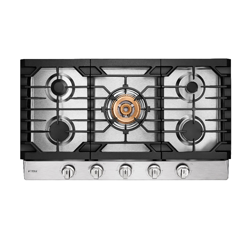 A top view of the FOTILE Tri-Ring Gas Cooktop with five burners, including a central burner and four surrounding burners. The FOTILE 5-burner gas cooktop features black cast iron grates and precise controls with five knobs at the front.