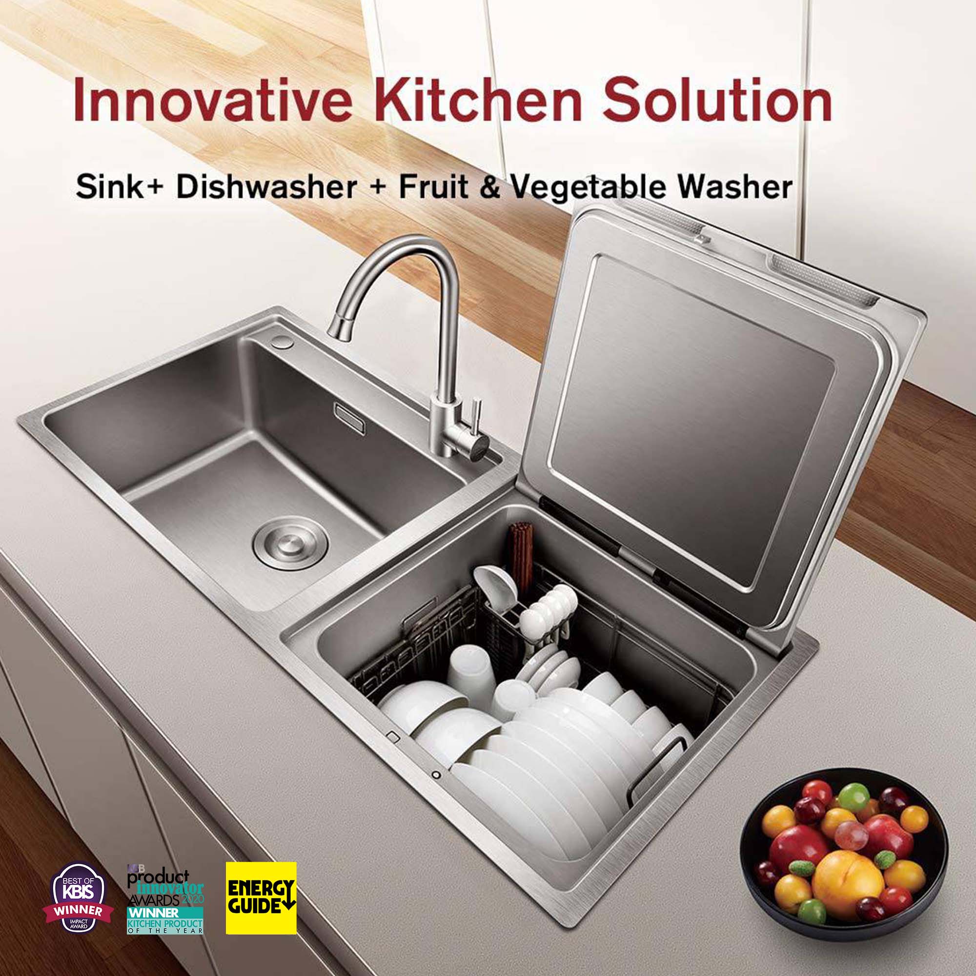 FOTILE SD2F-P1X 3-IN-1 In-Sink Dishwasher Graphic Showing Sink, Dishwasher, and Fruit & Vegetable Washer functions