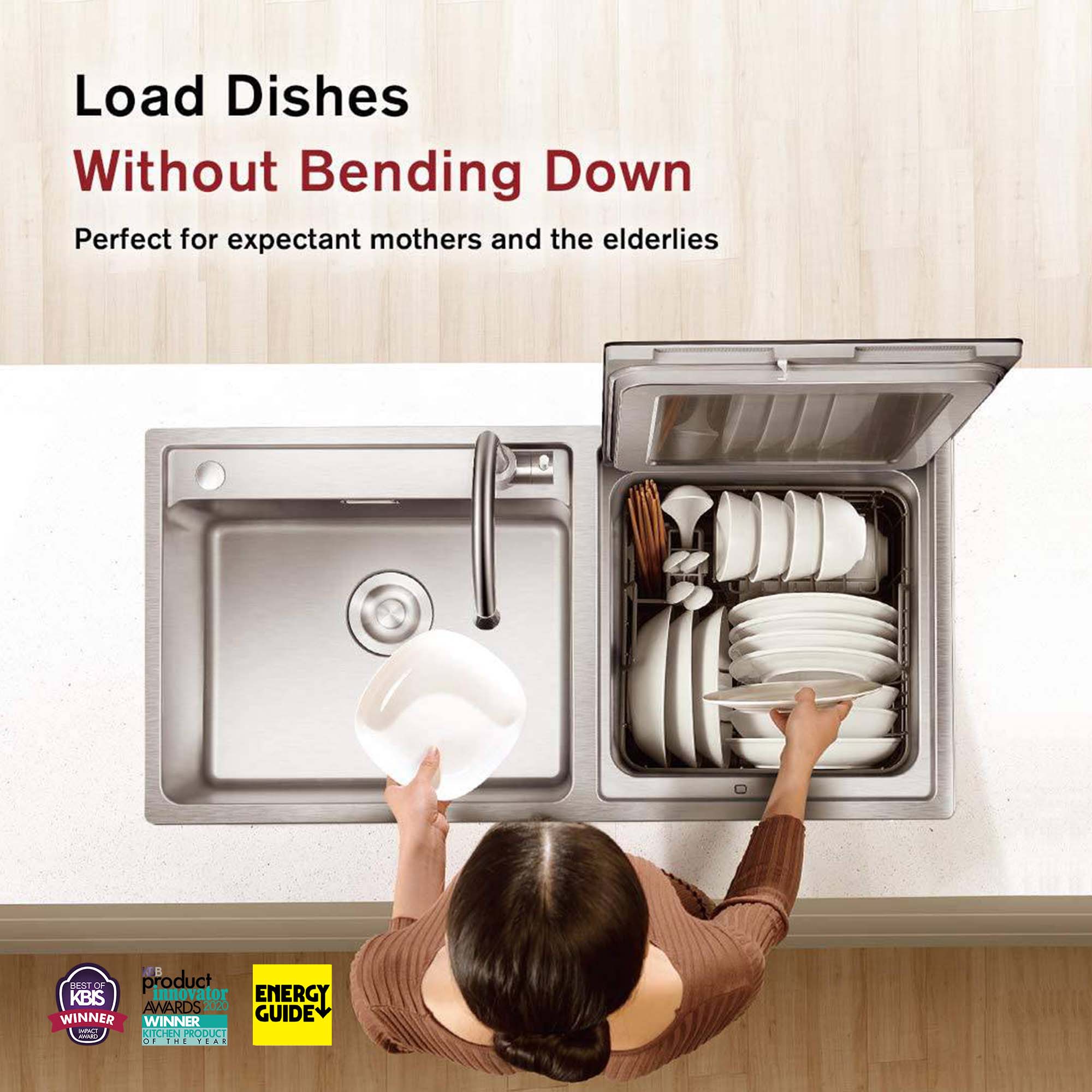 Graphic Showing a Woman Loading Dishes Without Bending Down in the FOTILE SD2F-P1X In-Sink Dishwasher
