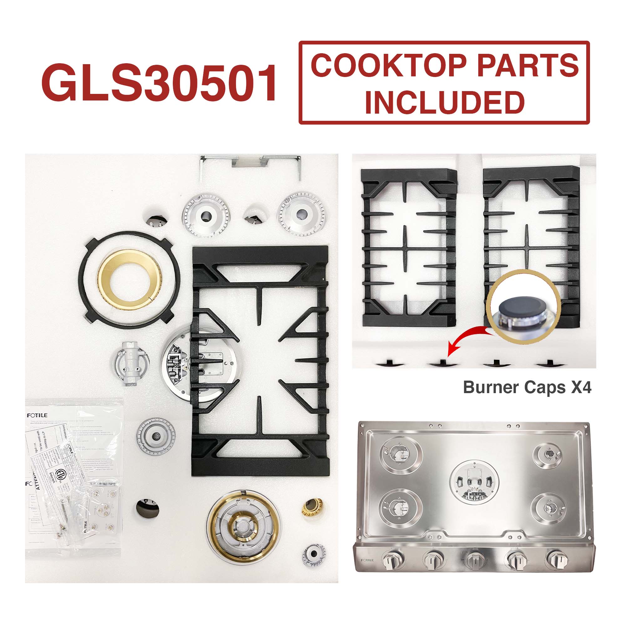 Piezas incluidas en la encimera de gas Tri-Ring FOTILE GLS30501