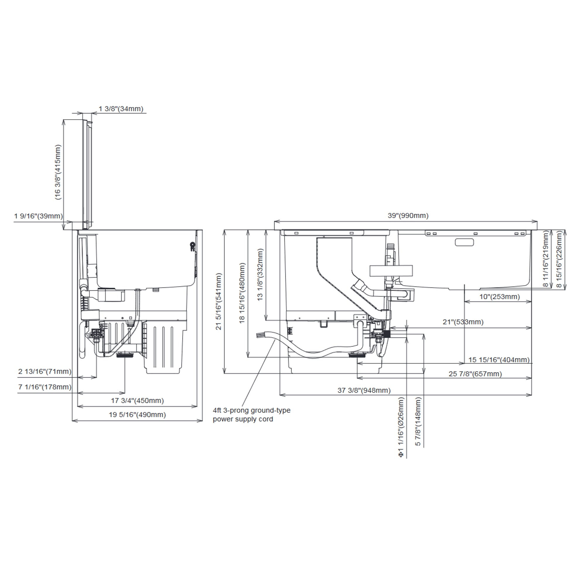 Size Measurement Diagram for the FOTILE SD2F-P1X 3-IN-1 In-Sink Dishwasher