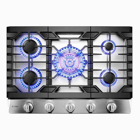 FOTILE GLS30501 Tri-Ring Gas Cooktop with Burners Ignited as Flames